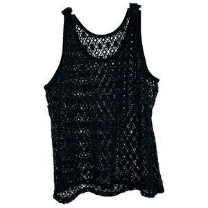 Open Crochet Top Scoop Neck Sleeveless 3X Black Boho Beachy Feastival Lagenlook